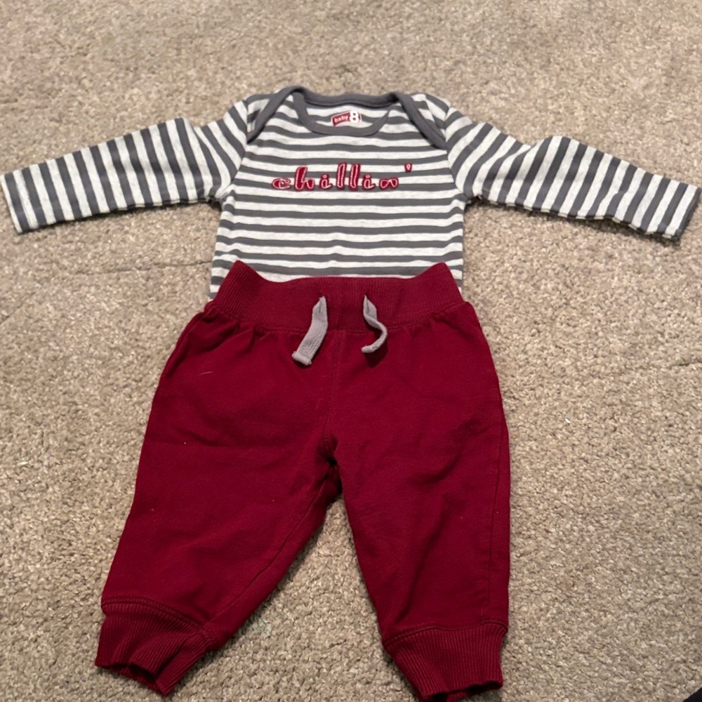 Carter's Gray & White Striped Top with Burgundy Pants Set